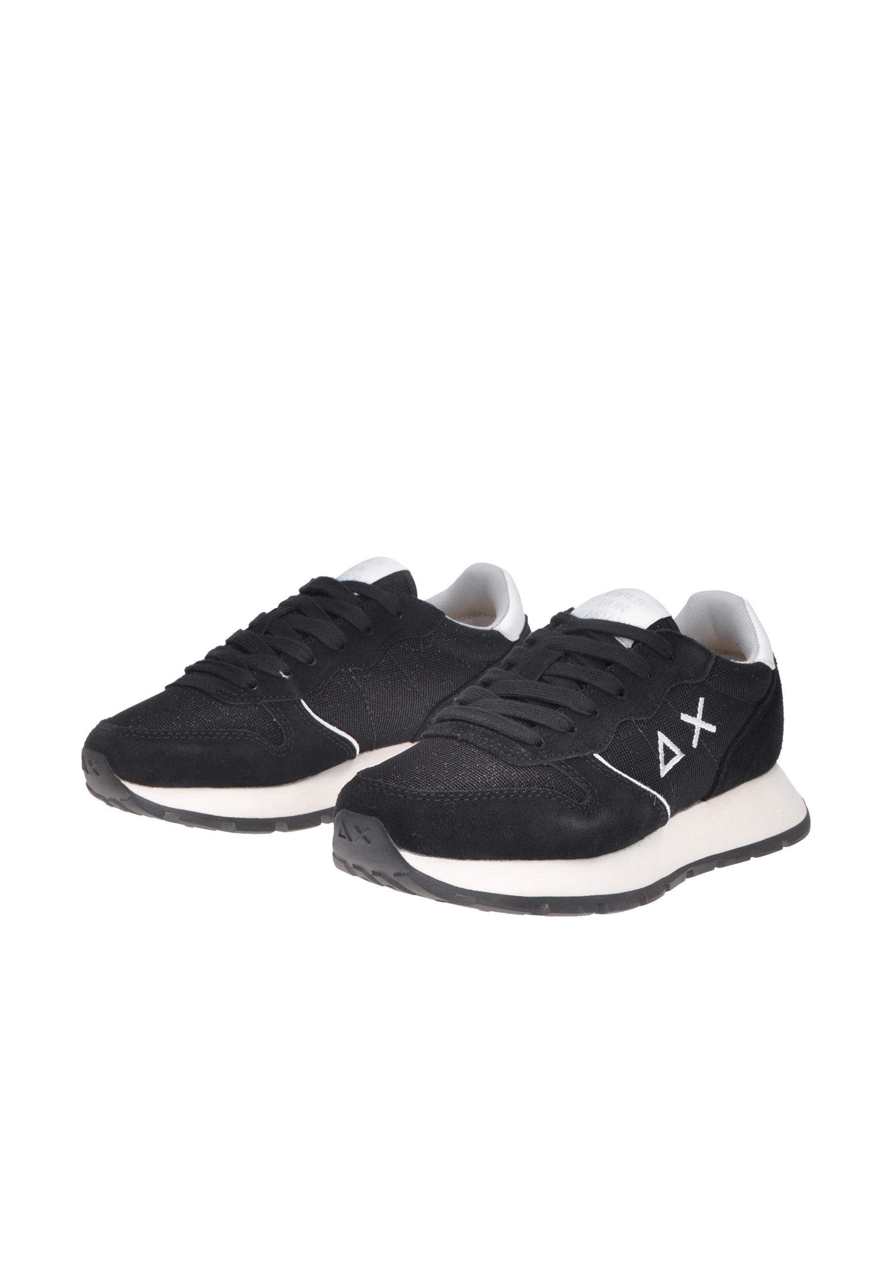 Black sneaker with white logo and stylish design, perfect for casual wear.