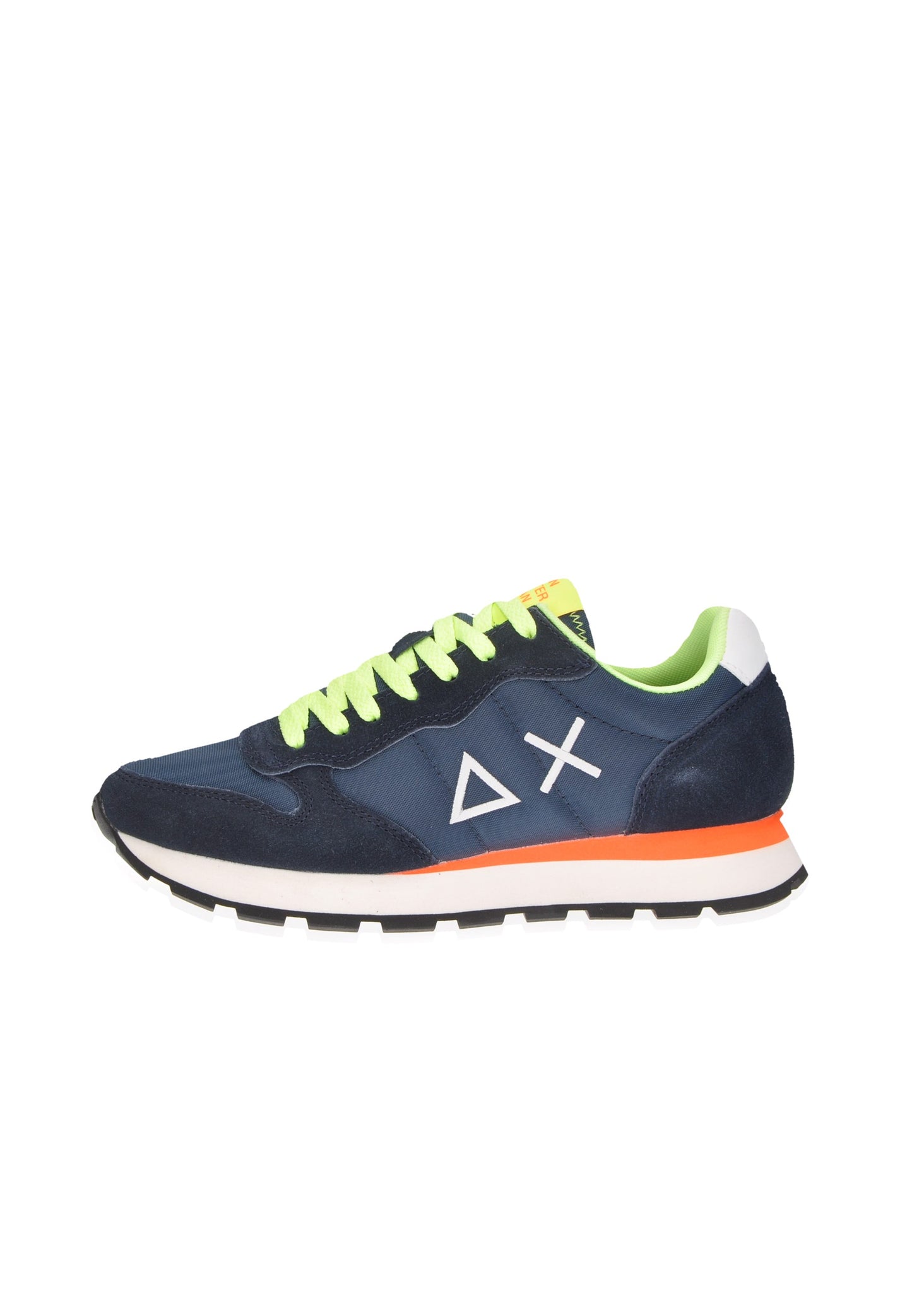 SUN68 Z35102 Tom Fluo sneakers in navy with neon laces and orange accents, designed for comfort and style.