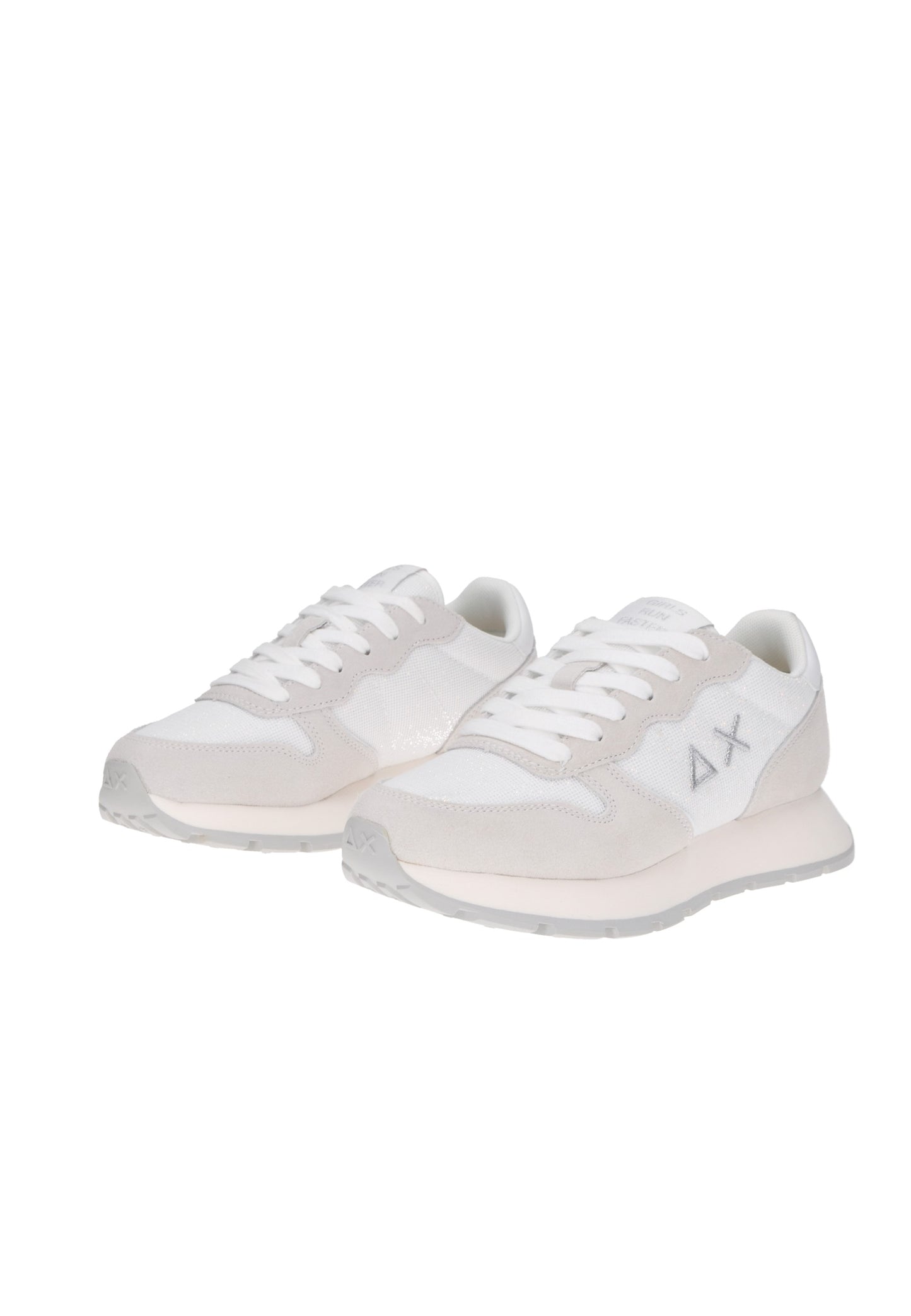 White and gray sneakers with lace-up closure, perfect for casual styling and comfort.