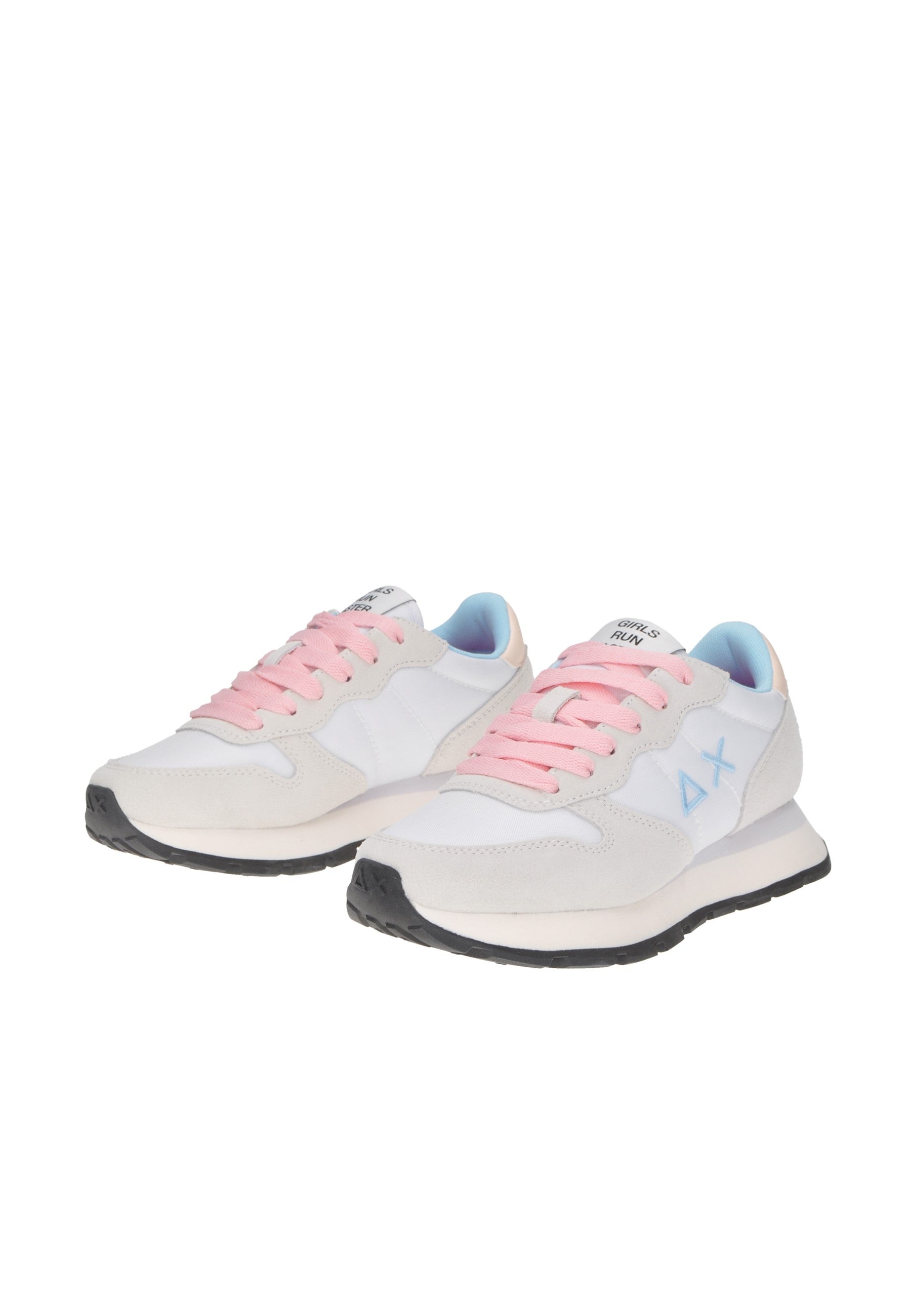 Sneaker in bianco con lacci rosa e dettagli blu, perfetti per stile casual e comfort.