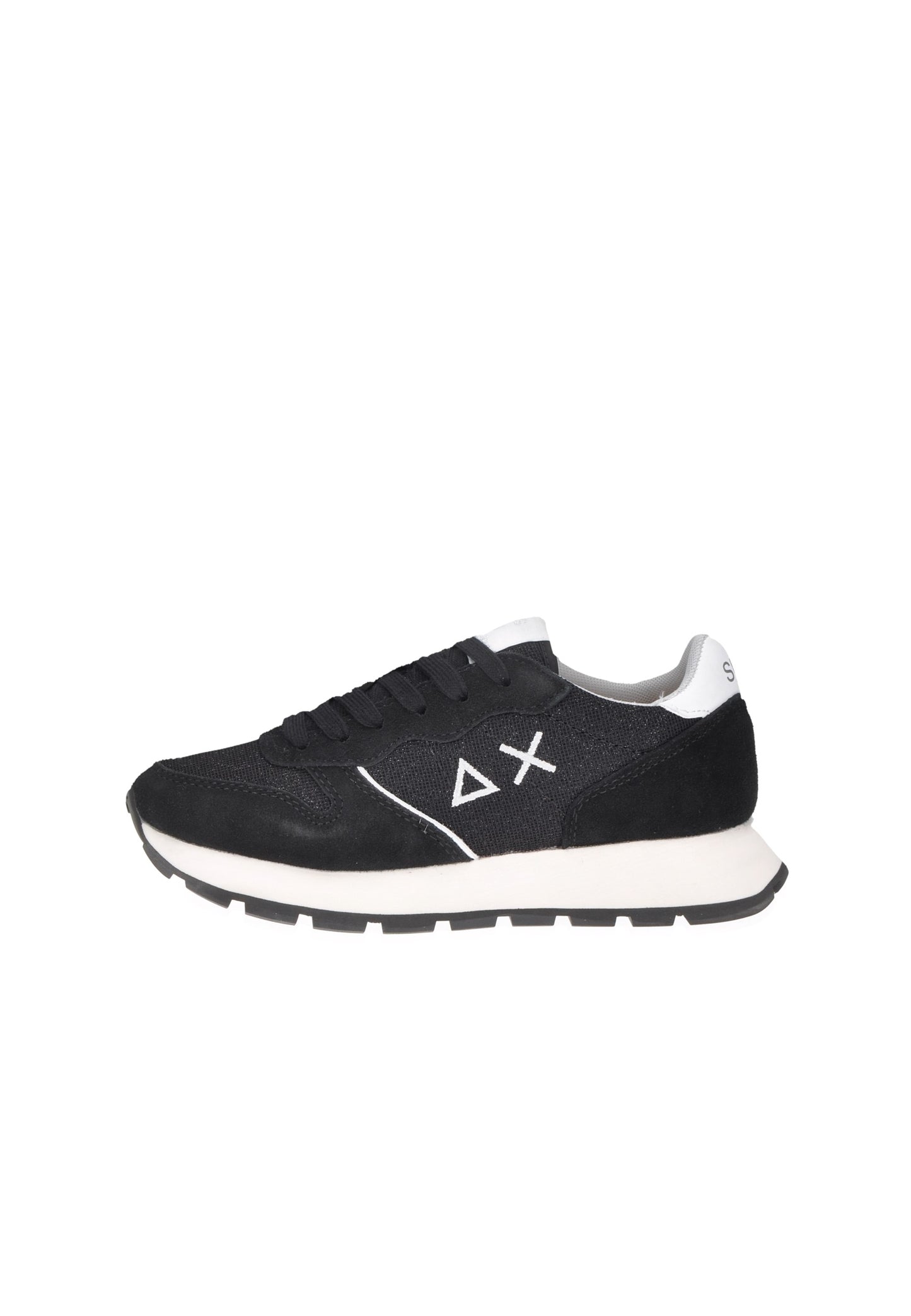 Black sneaker with white accents and logo, featuring a sporty design and cushioned sole for comfort.