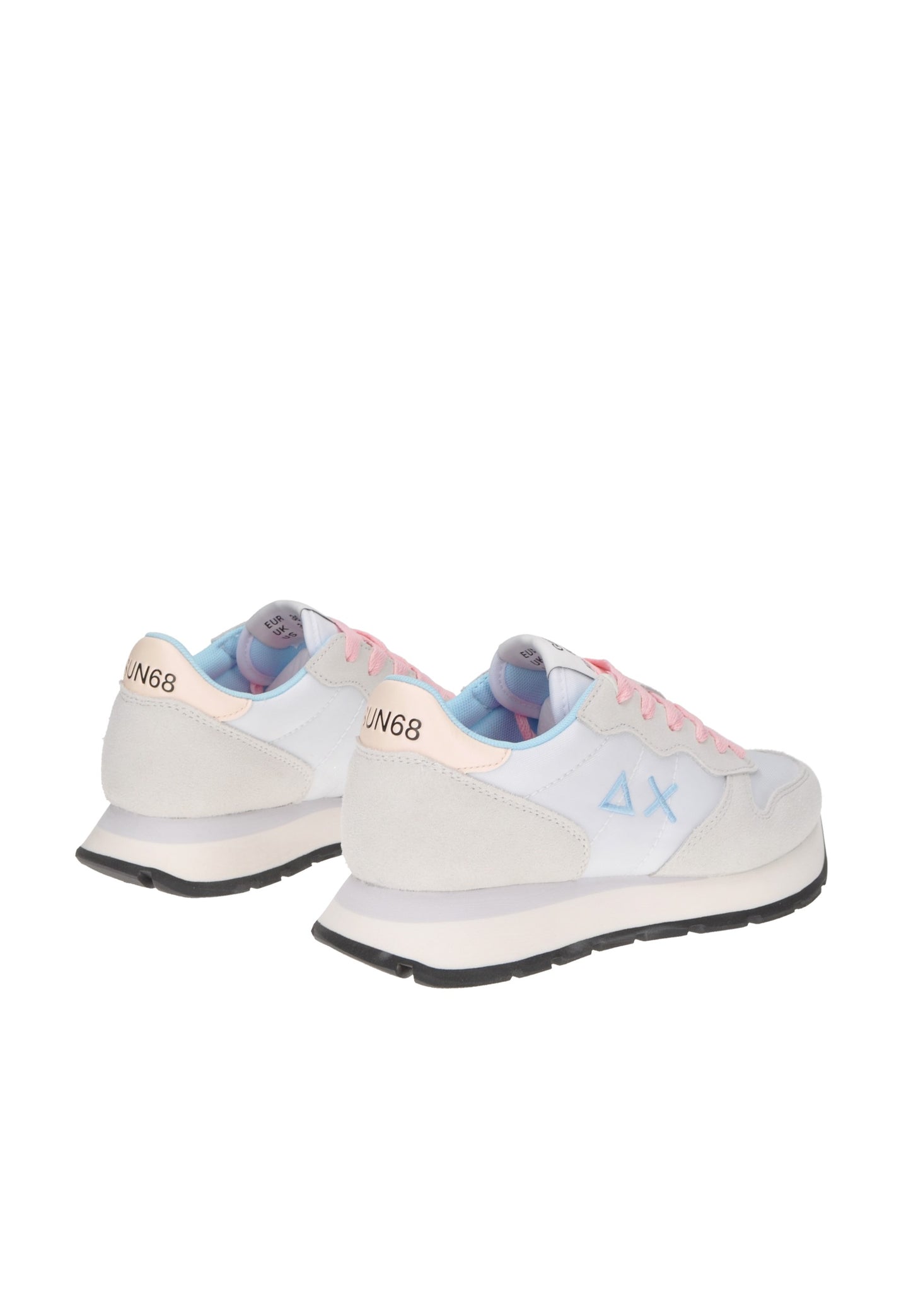 Rear view of SUN68 Z35201 sneaker in light colors, featuring pink laces and durable rubber sole for comfort and style.