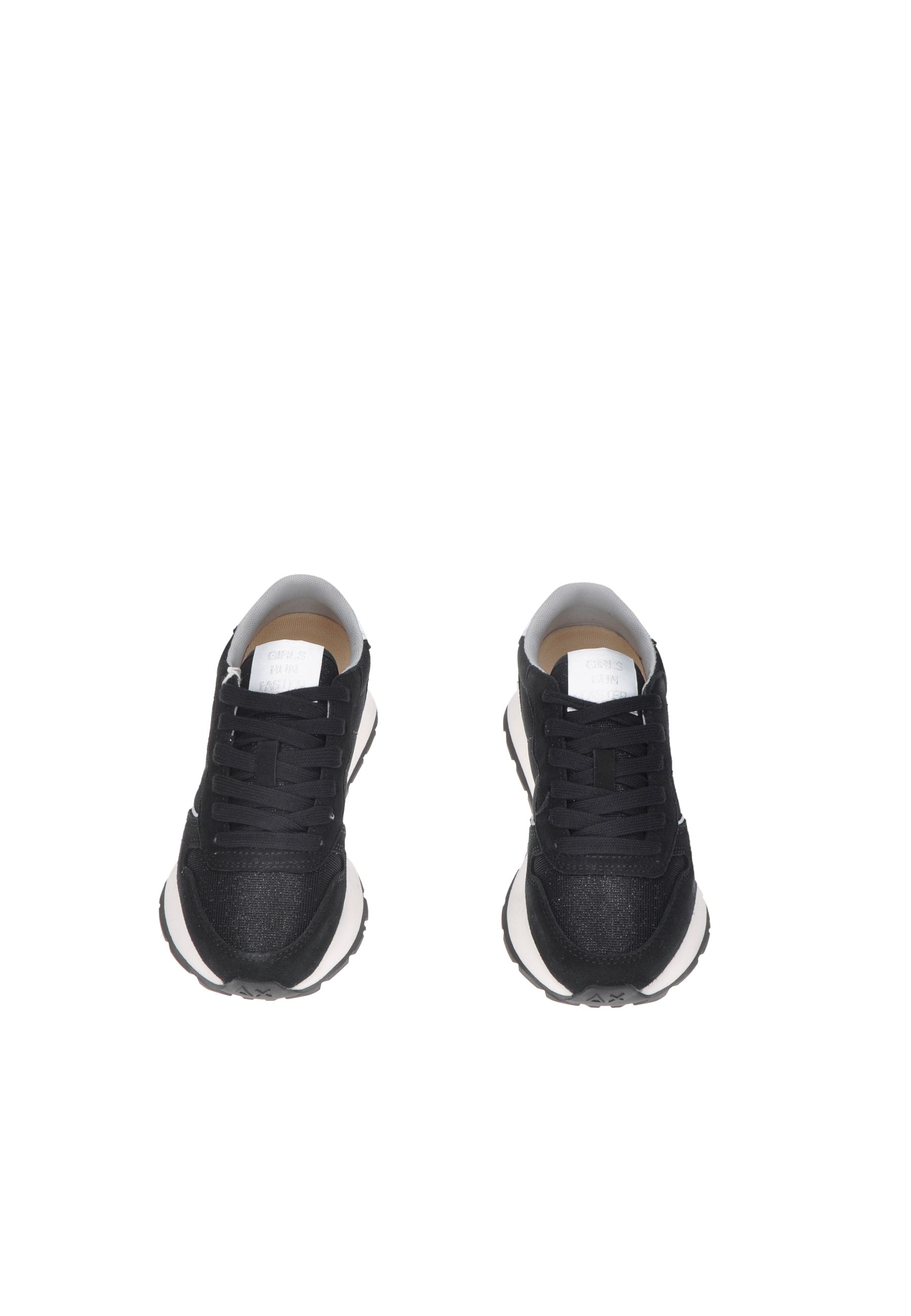 Top view of Z35203 SUN68 sneakers in black textile with white sole and laces, showcasing stylish design and comfort.