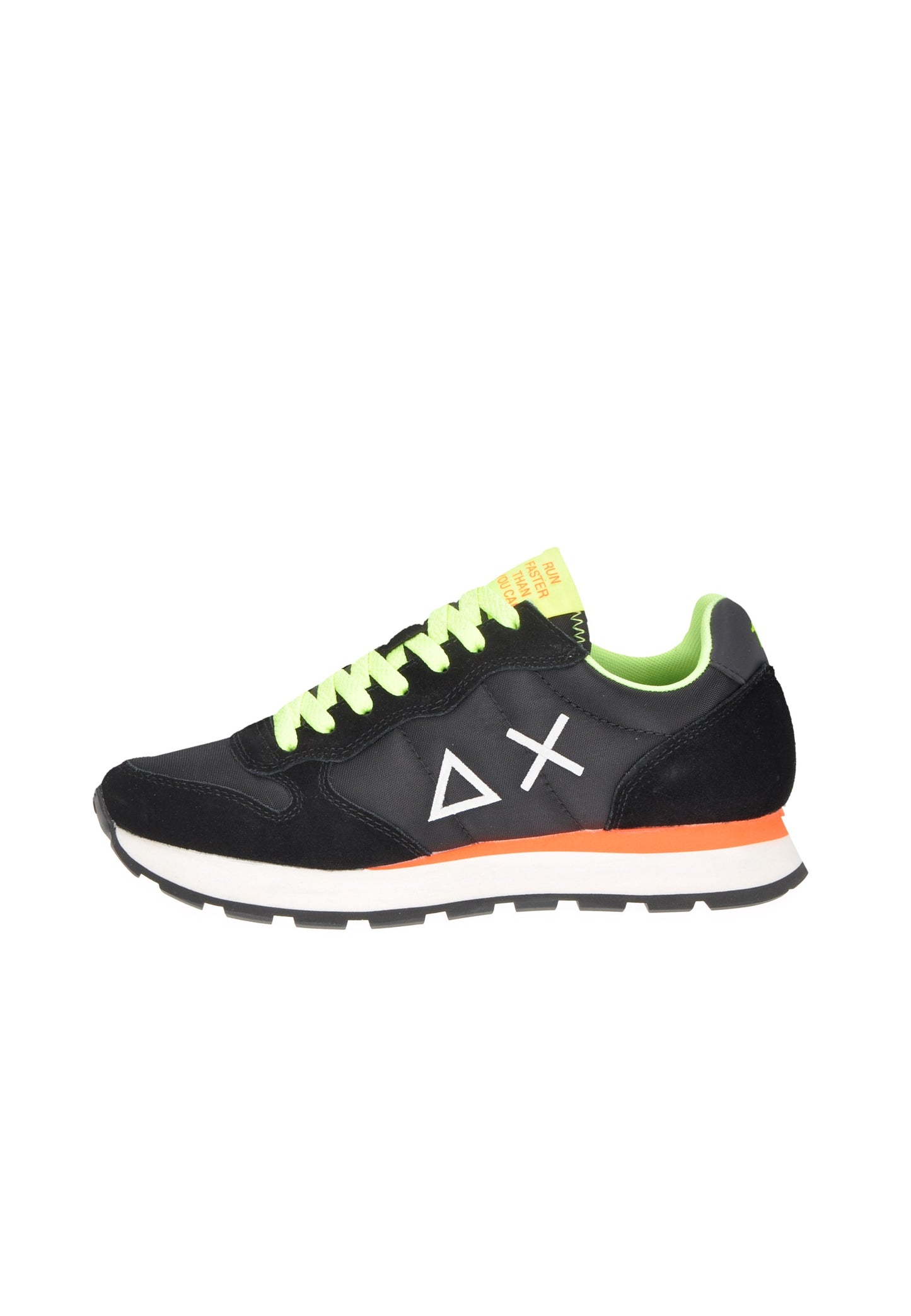 Z35102 SUN68 sneaker in black with neon laces and logo, featuring padded sole for comfort and rubber outsole.