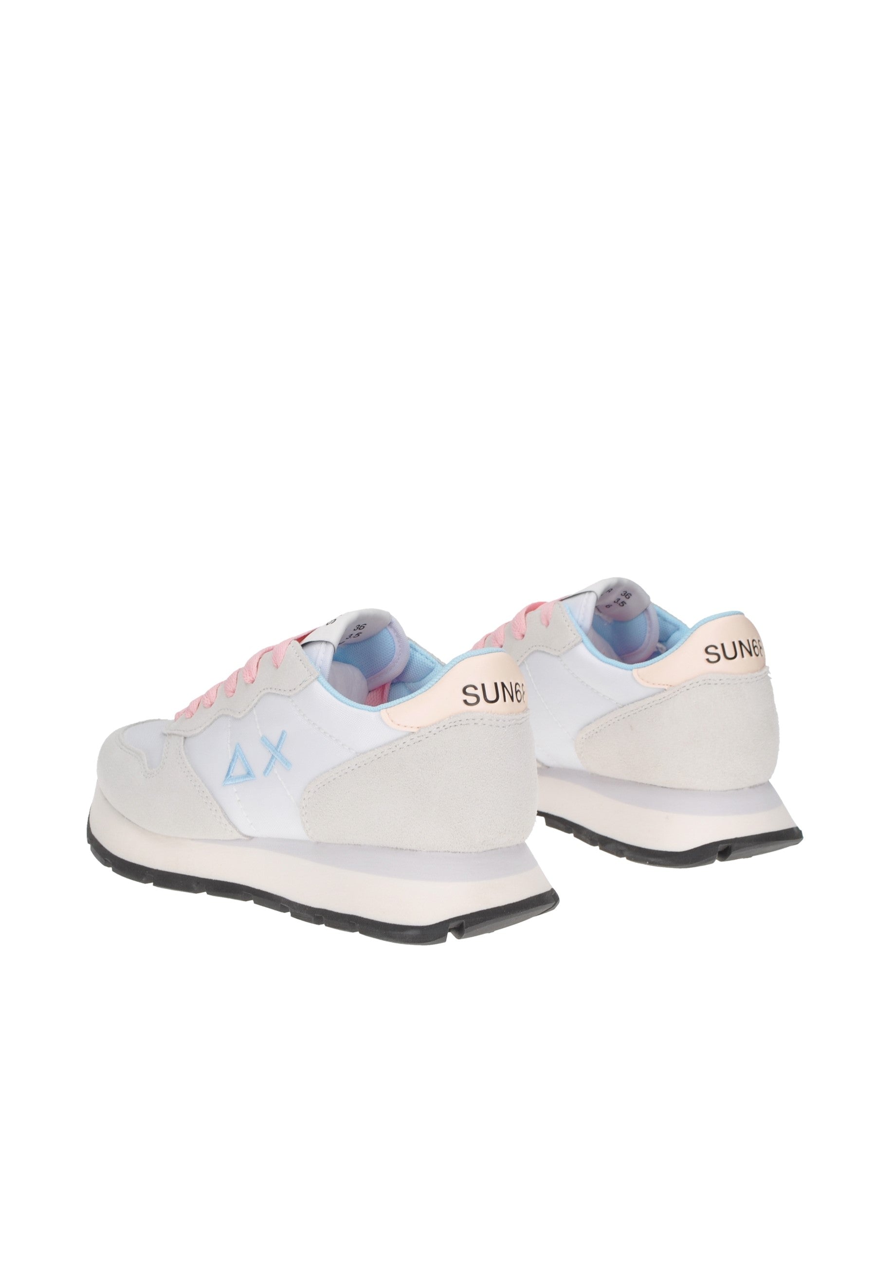 Back view of SUN68 Z35201 sneaker in white with blue and pink accents, featuring cushioned insole and rubber sole.