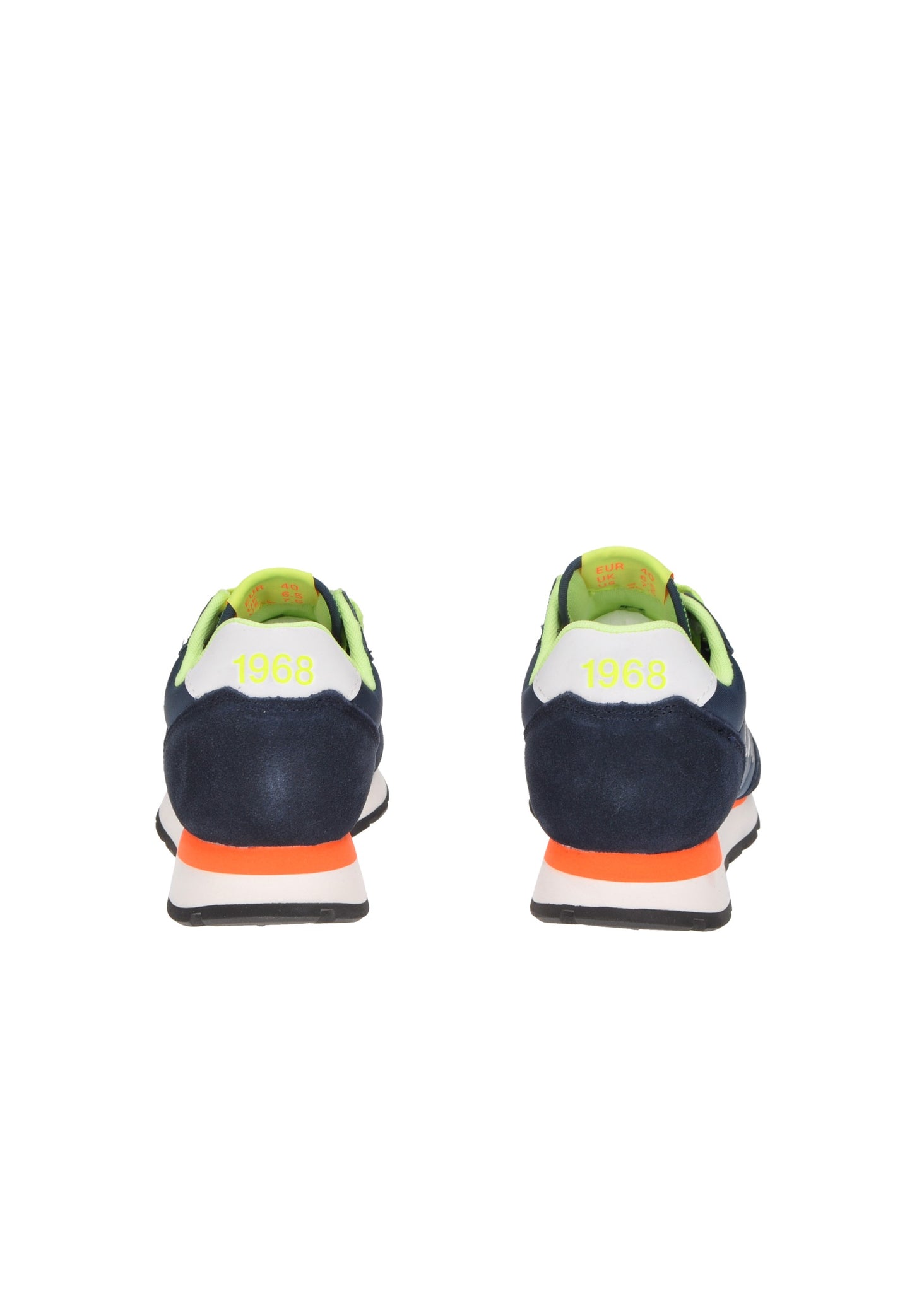 Back view of SUN68 Z35102 sneaker with navy suede and bright orange details, featuring padded collar and 1968 branding.