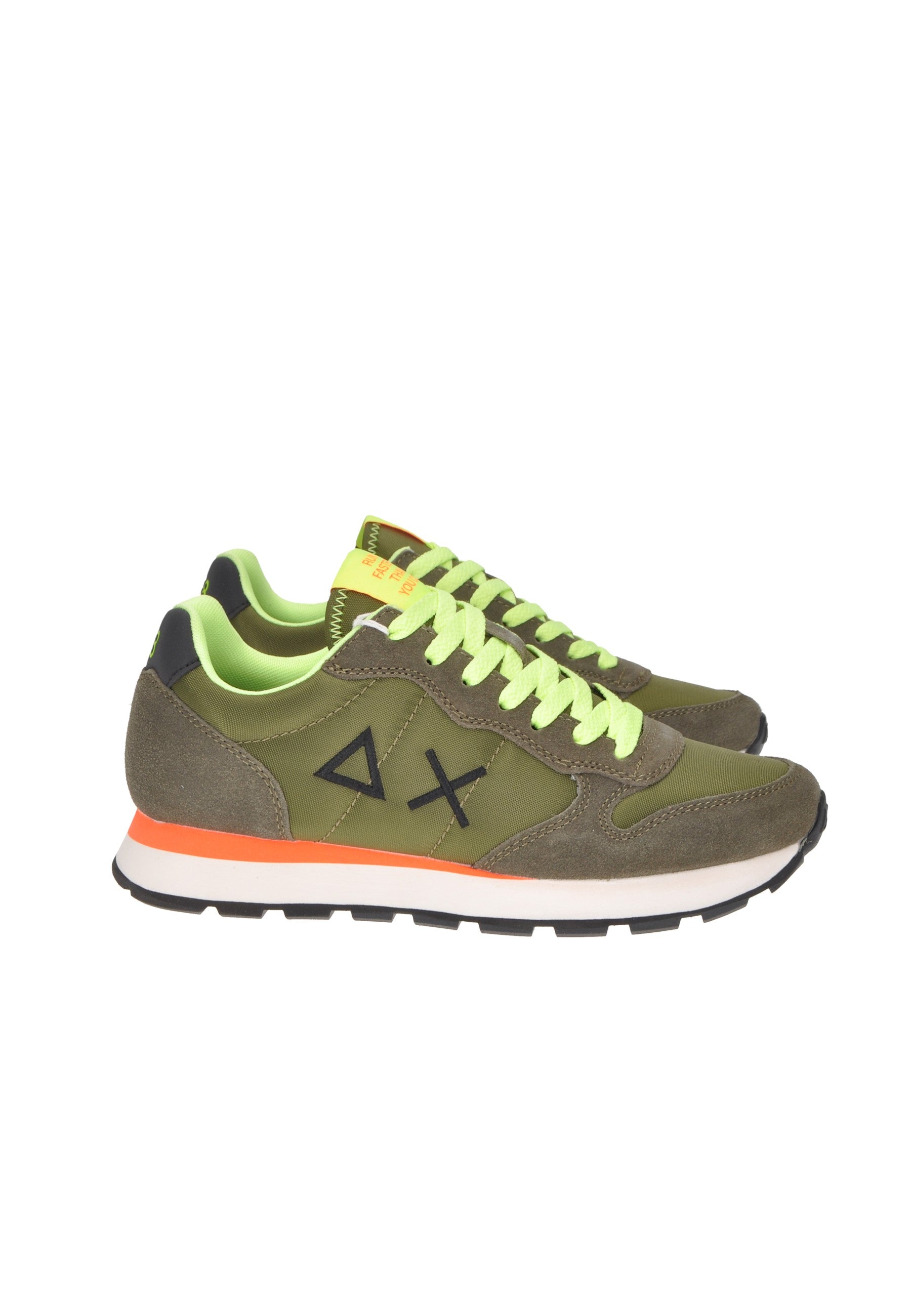 Z35102 sneaker SUN68 in olive green with neon laces, suede upper, and rubber sole for comfort and style.