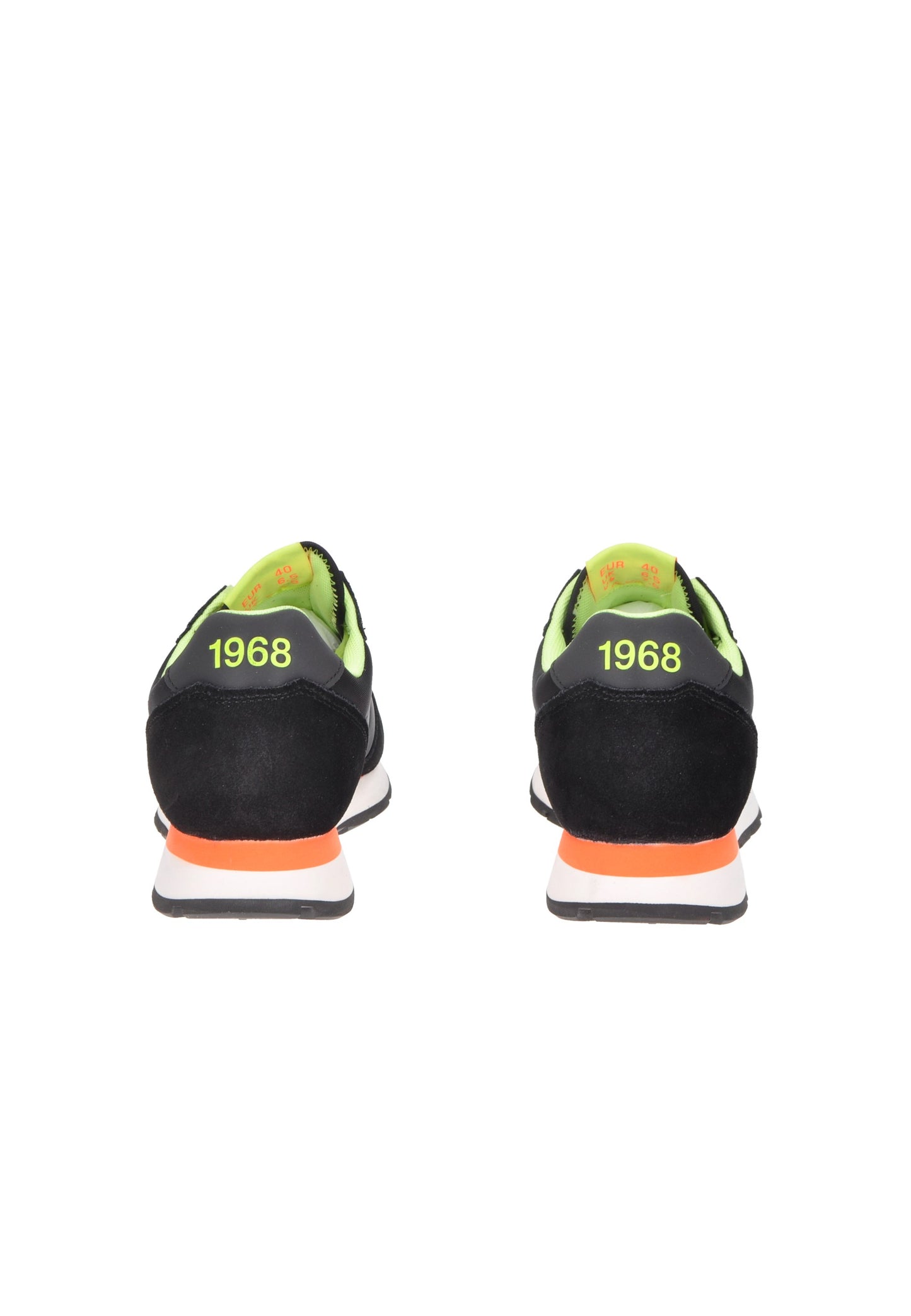 Rear view of black SUN68 Tom Fluo sneakers with 1968 logo and vibrant green accents.