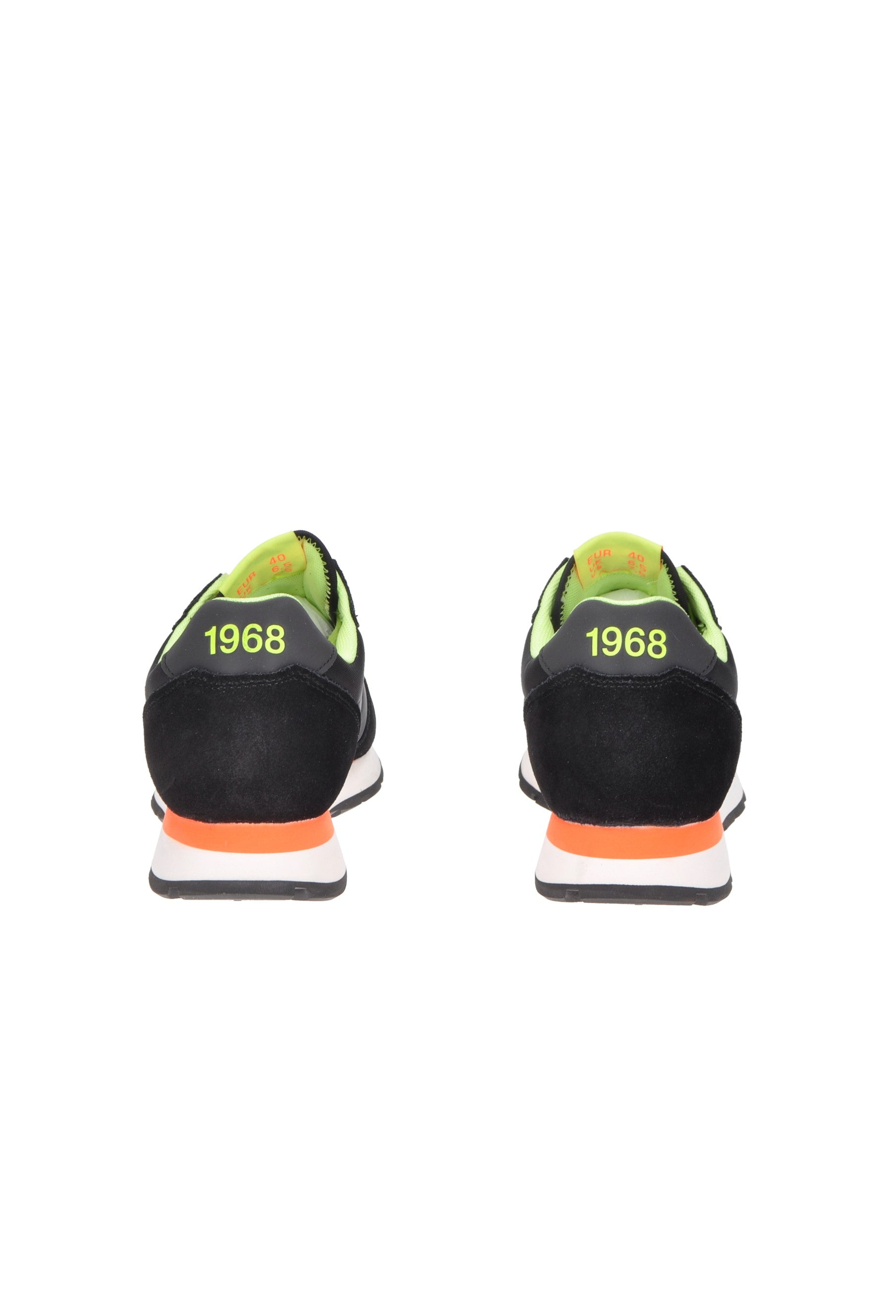 Rear view of black SUN68 Tom Fluo sneakers with 1968 logo and vibrant green accents.